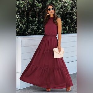 Pretty Garden Elegant Halter Burgundy Dot Dress NWOT!